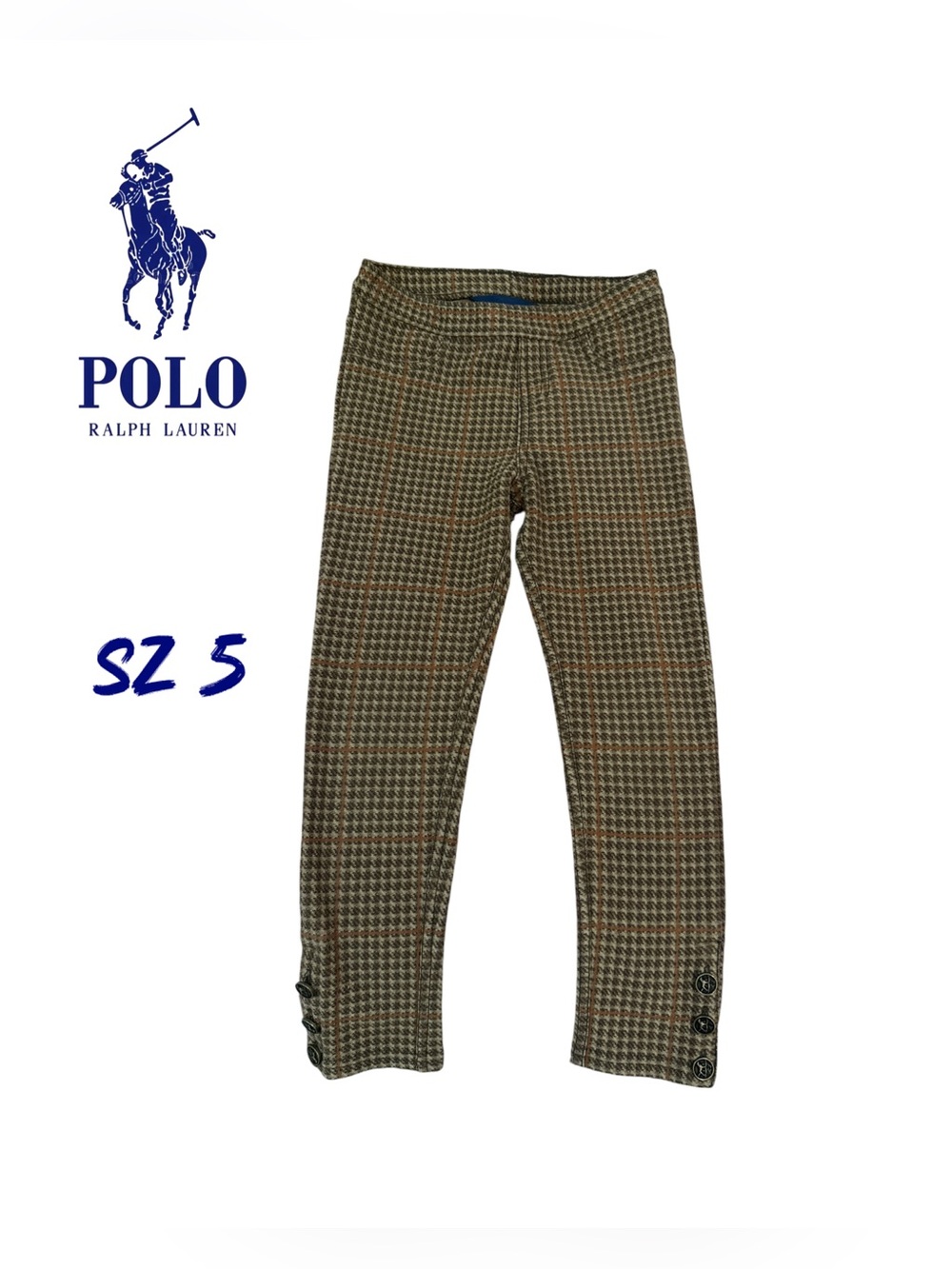 Ralph Lauren Girls Size 5 Houndstooth Plaid Pants Leggings Equestrian Crest Butt